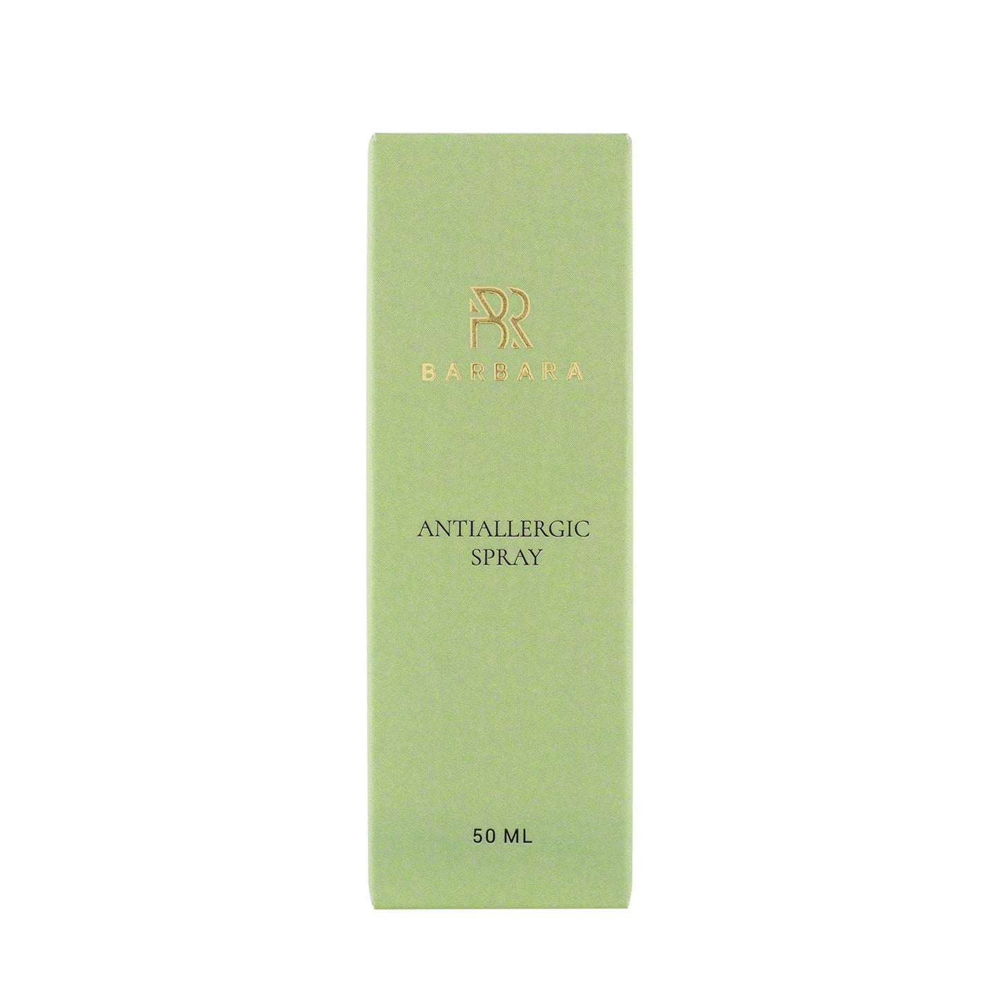 Vista frontale della confezione in cartoncino verde chiaro di "ANTIALLERGIC SPRAY" da 50 ml del brand Barbara, con il logo dorato posizionato sopra il testo.