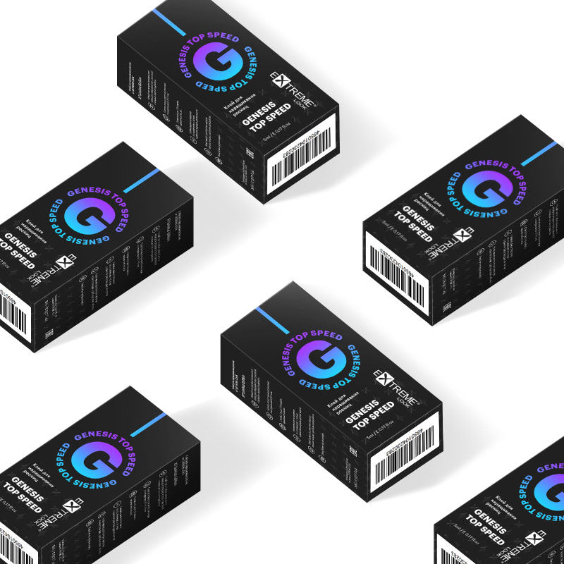 Composizione grafica di scatole nere della colla per extension ciglia Extreme Look Genesis Top Speed.