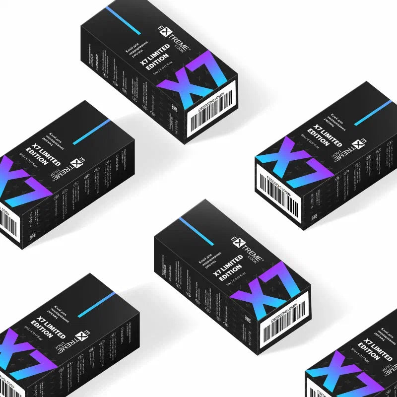 Composizione grafica di scatole nere della colla per extension ciglia Extreme Look X7 Limited Edition.