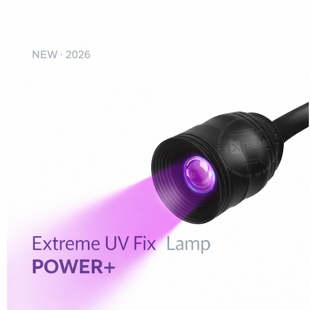 Dettaglio ravvicinato della testina della lampada LED UV Extreme Fix Lamp POWER+ che emette il fascio di luce viola focalizzato per la polimerizzazione.