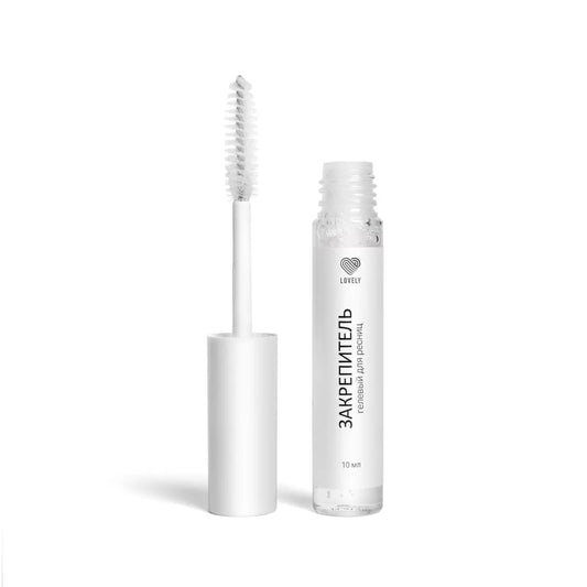 Flacone aperto con scovolino applicatore del fissante in gel per extension ciglia Gel Fixer di Lovely.
