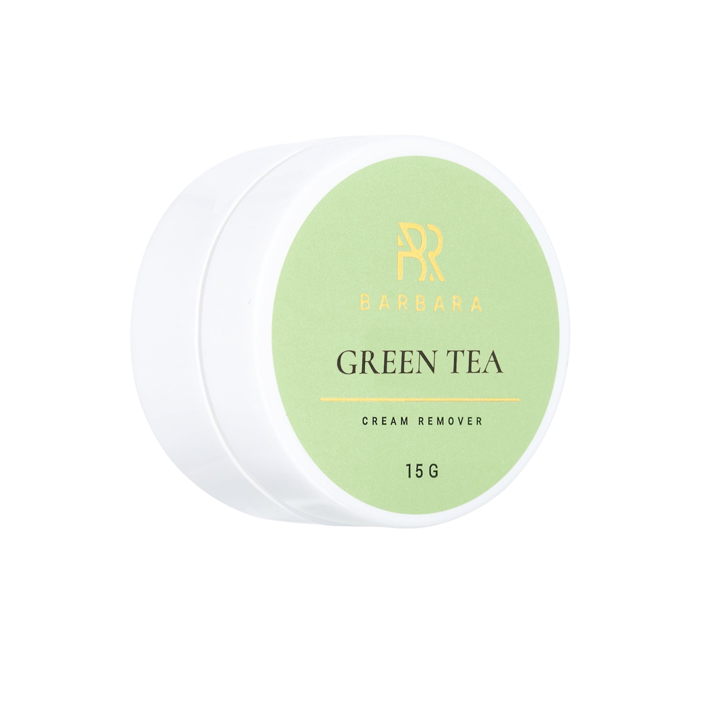Vista angolata del barattolo chiuso del Remover in Crema BARBARA al profumo di tè verde, strumento professionale per lashmaker.