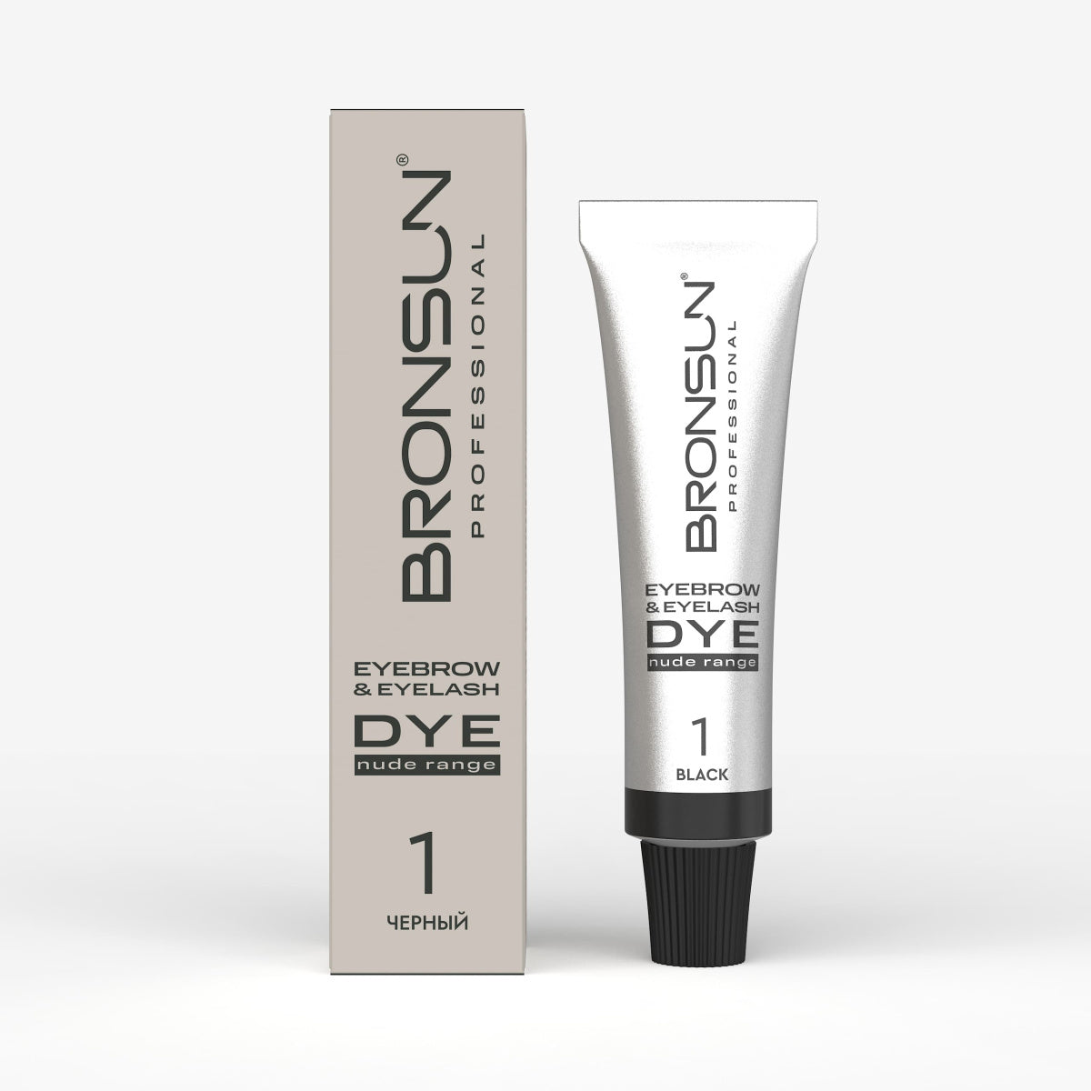 Confezione e tubetto della tinta in crema BRONSUN Nude Range per sopracciglia e ciglia, colore 1 Nero (Black), ideale per un nero profondo sulle ciglia o per scurire le miscele.