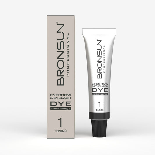 Confezione e tubetto della tinta in crema BRONSUN Nude Range per sopracciglia e ciglia, colore 1 Nero (Black), ideale per un nero profondo sulle ciglia o per scurire le miscele.