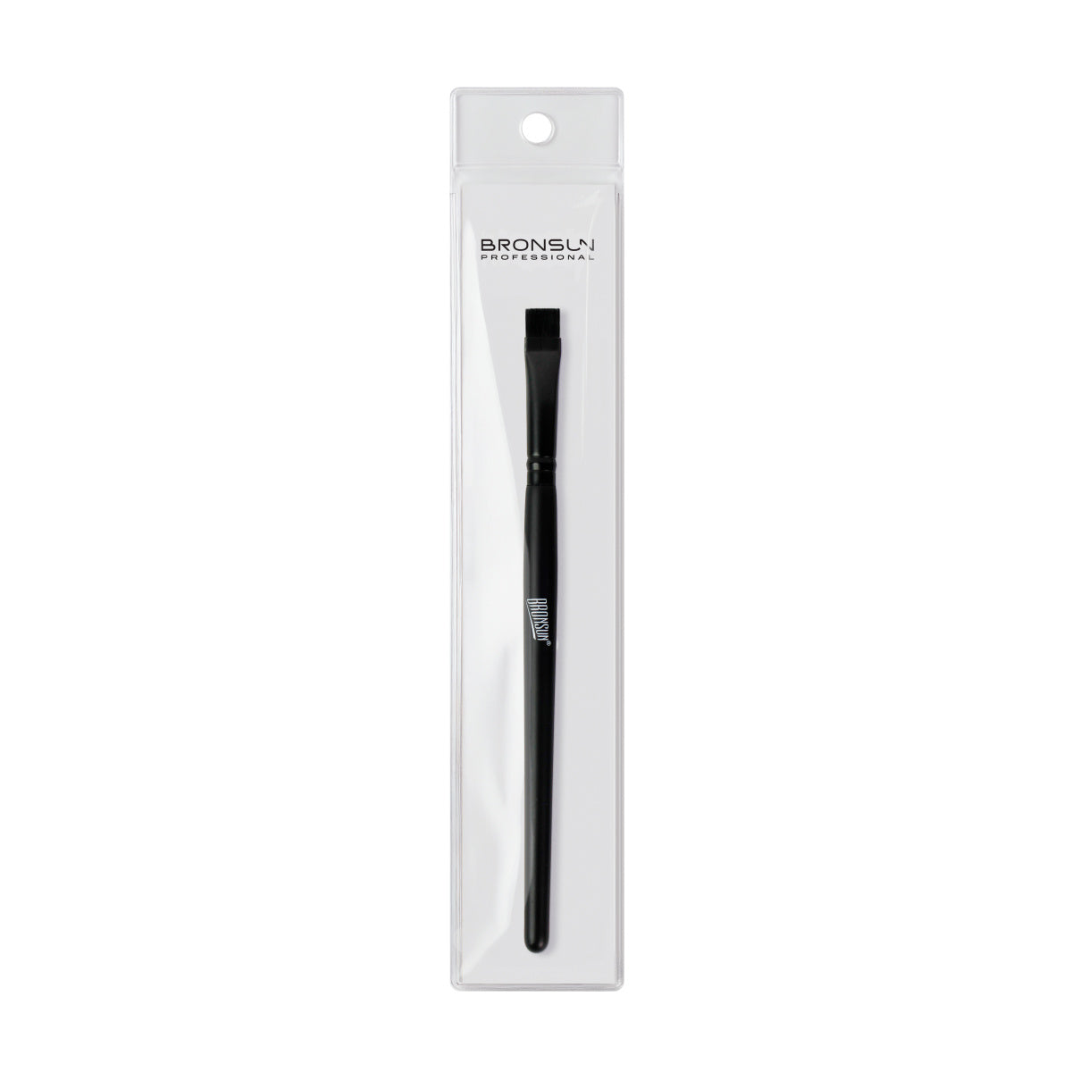 Una fotografia a primo piano di un pennello cosmetico professionale BRONSUN PROFESSIONAL con manico nero e setole nere a taglio dritto, racchiuso nella sua confezione blister in plastica trasparente con intestazione bianca, che mostra il testo 'BRONSUN PROFESSIONAL' e il logo sul manico, su uno sfondo bianco semplice.