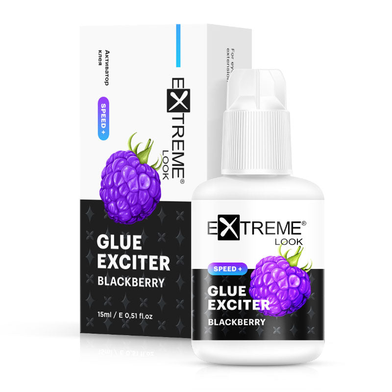 Alt text: Flacone e scatola dell'acceleratore per colla Blackberry Exciter Extreme Look con cheratina e fragranza alla mora.