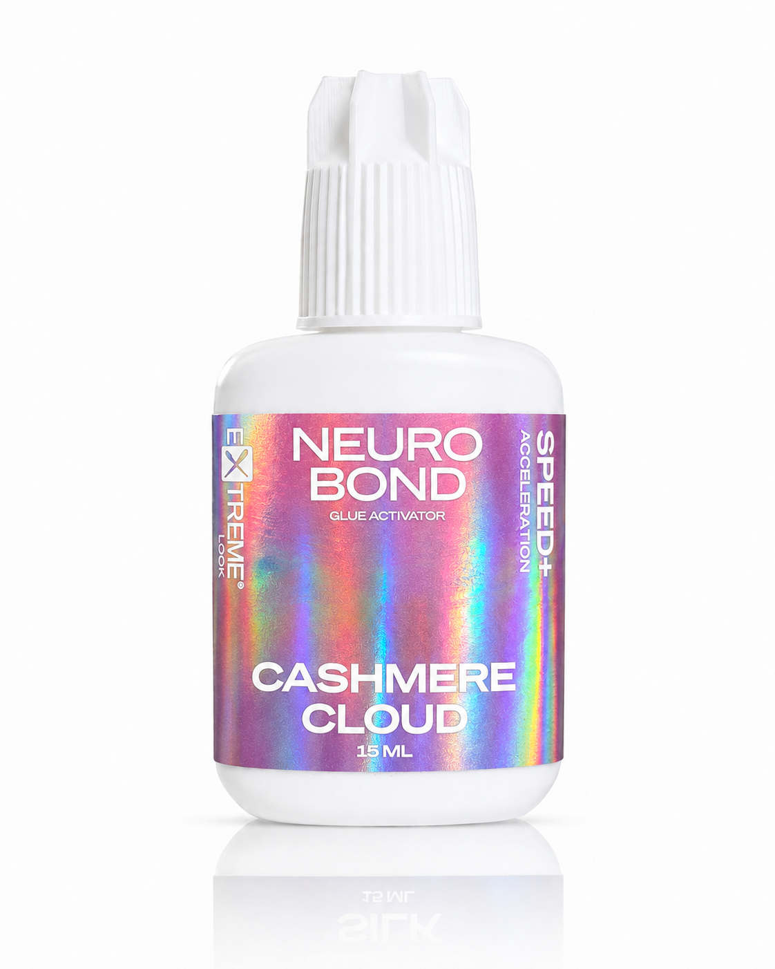 Vista frontale del flacone da 15ml di acceleratore per colla Extreme Look "Neuro Bond Cashmere Cloud". L'etichetta olografica evidenzia la sua funzione di "Glue Activator" per velocizzare la polimerizzazione e ridurre i tempi di fissaggio delle extension ciglia.