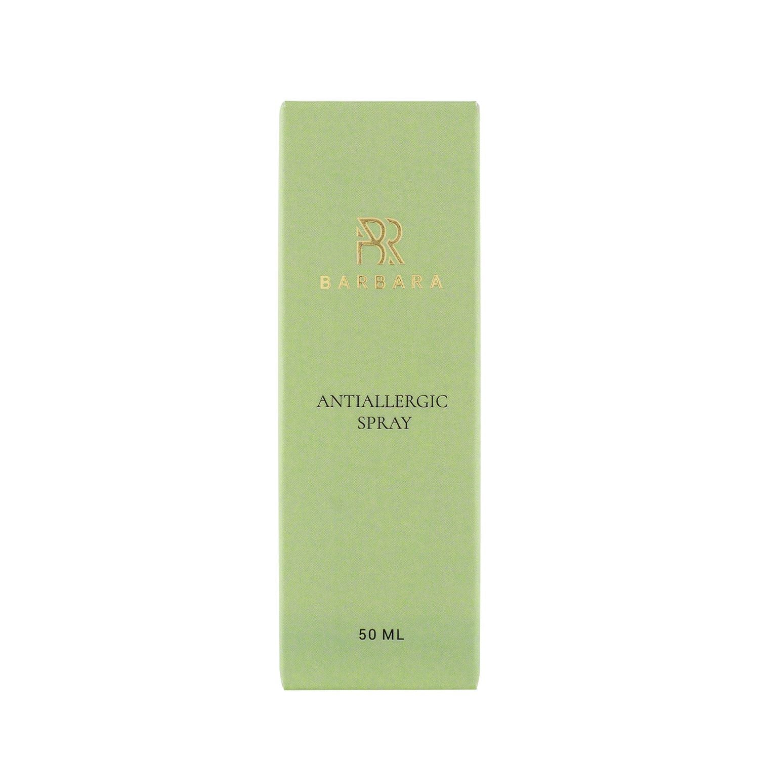 Vista frontale della confezione in cartoncino verde chiaro di "ANTIALLERGIC SPRAY" da 50 ml del brand Barbara, con il logo dorato posizionato sopra il testo.