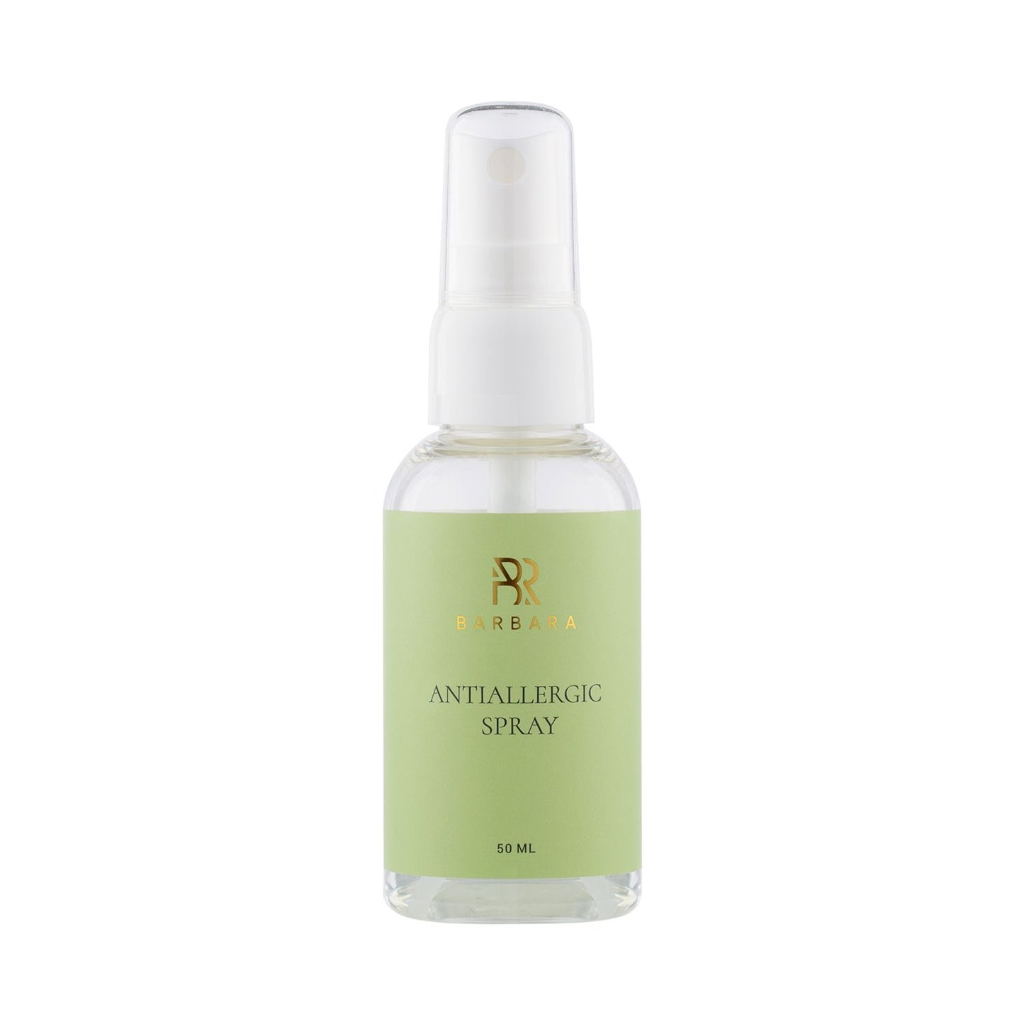 Dettaglio del flacone spray in vetro trasparente da 50 ml della marca Barbara per il trattamento delle extension ciglia, con l'etichetta verde chiaro, il logo dorato e la scritta "ANTIALLERGIC SPRAY"