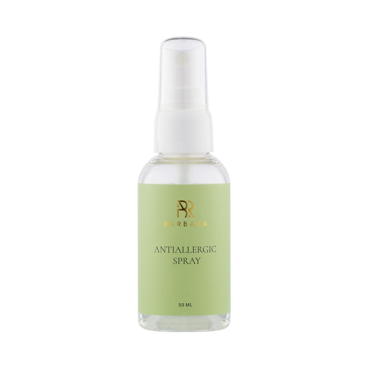 Dettaglio del flacone spray in vetro trasparente da 50 ml della marca Barbara per il trattamento delle extension ciglia, con l'etichetta verde chiaro, il logo dorato e la scritta "ANTIALLERGIC SPRAY"