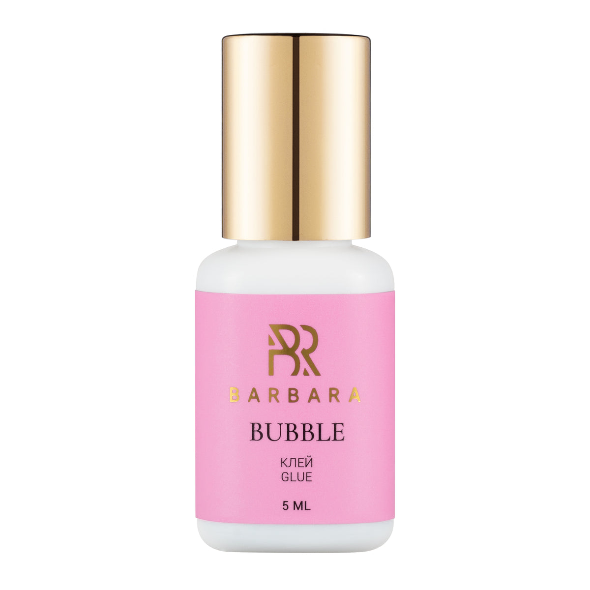 Flacone singolo da 5ml di colla per extension ciglia BARBARA Bubble, con etichetta rosa, scritte dorate e tappo lucido oro metallizzato.