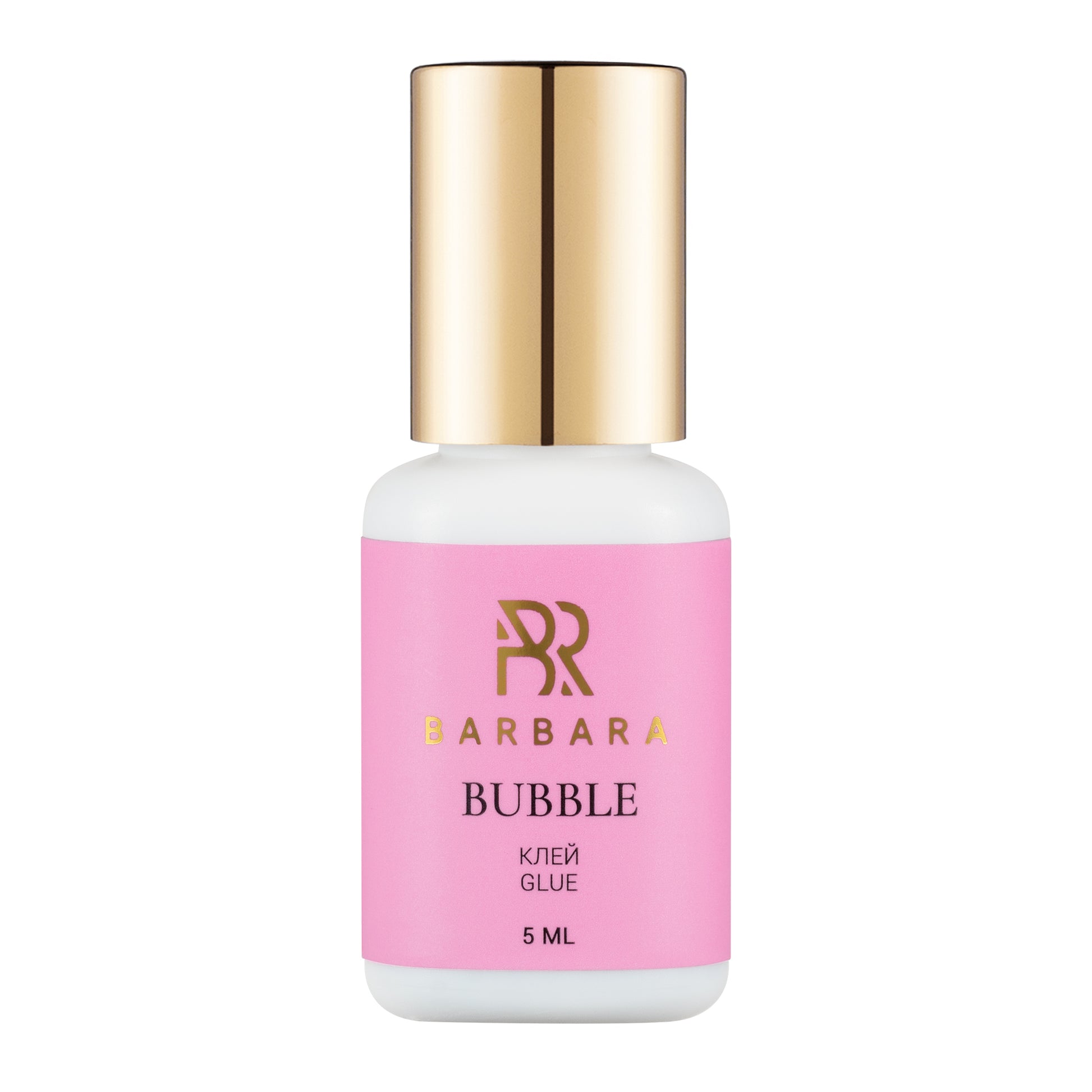 Flacone singolo da 5ml di colla per extension ciglia BARBARA Bubble, con etichetta rosa, scritte dorate e tappo lucido oro metallizzato.