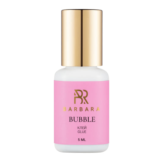 Flacone singolo da 5ml di colla per extension ciglia BARBARA Bubble, con etichetta rosa, scritte dorate e tappo lucido oro metallizzato.