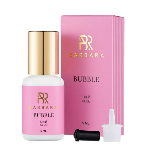 Set completo della colla per extension ciglia BARBARA Bubble da 5ml con flacone, scatola rosa, beccuccio di ricambio e spillo per sbloccare l'erogatore.