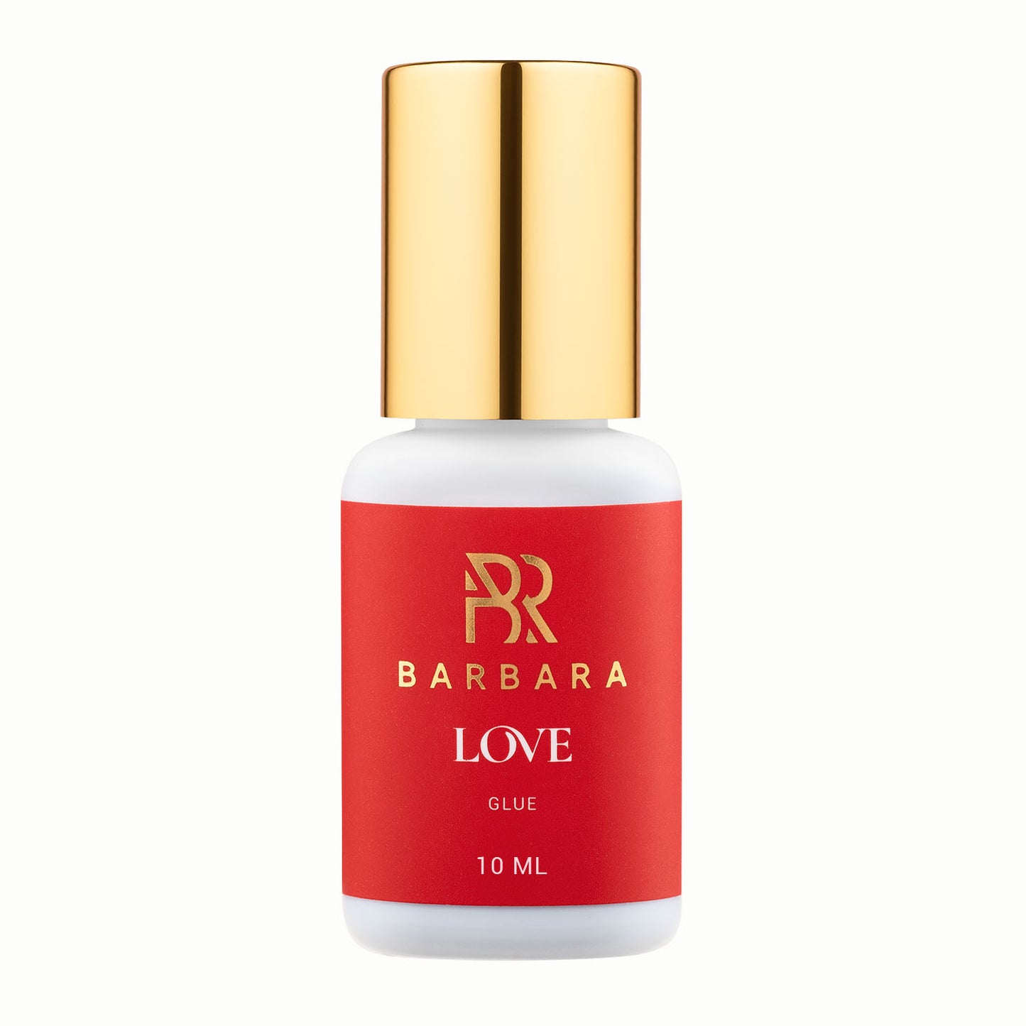 Colla professionale per extension ciglia Barbara Love da 10ml, flacone bianco con etichetta rossa e tappo dorato.