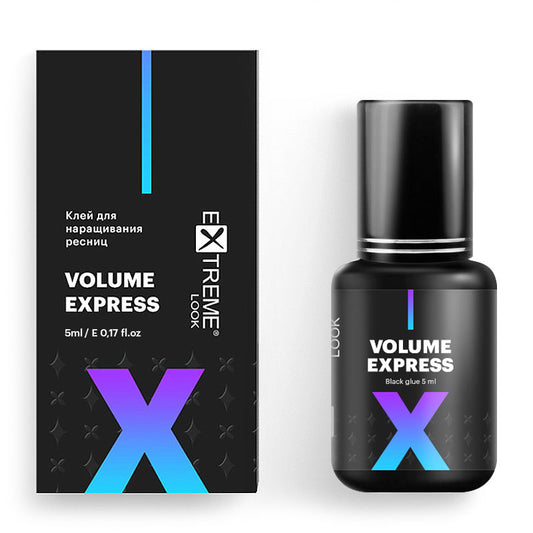 Confezione completa di colla Extreme Look Volume Express da 5ml, flacone nero e scatola con logo 'X' olografico.