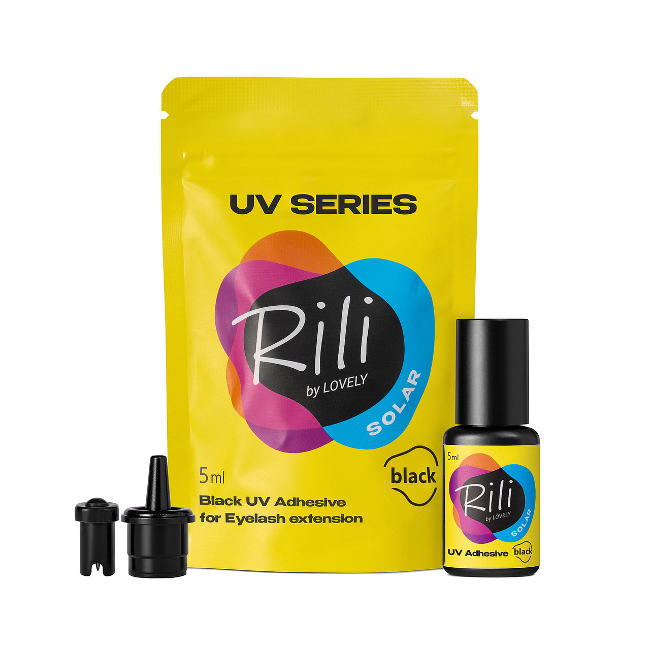 Colla extension ciglia UV LED Rili Solar Black 5ml con packaging e accessori professionali
