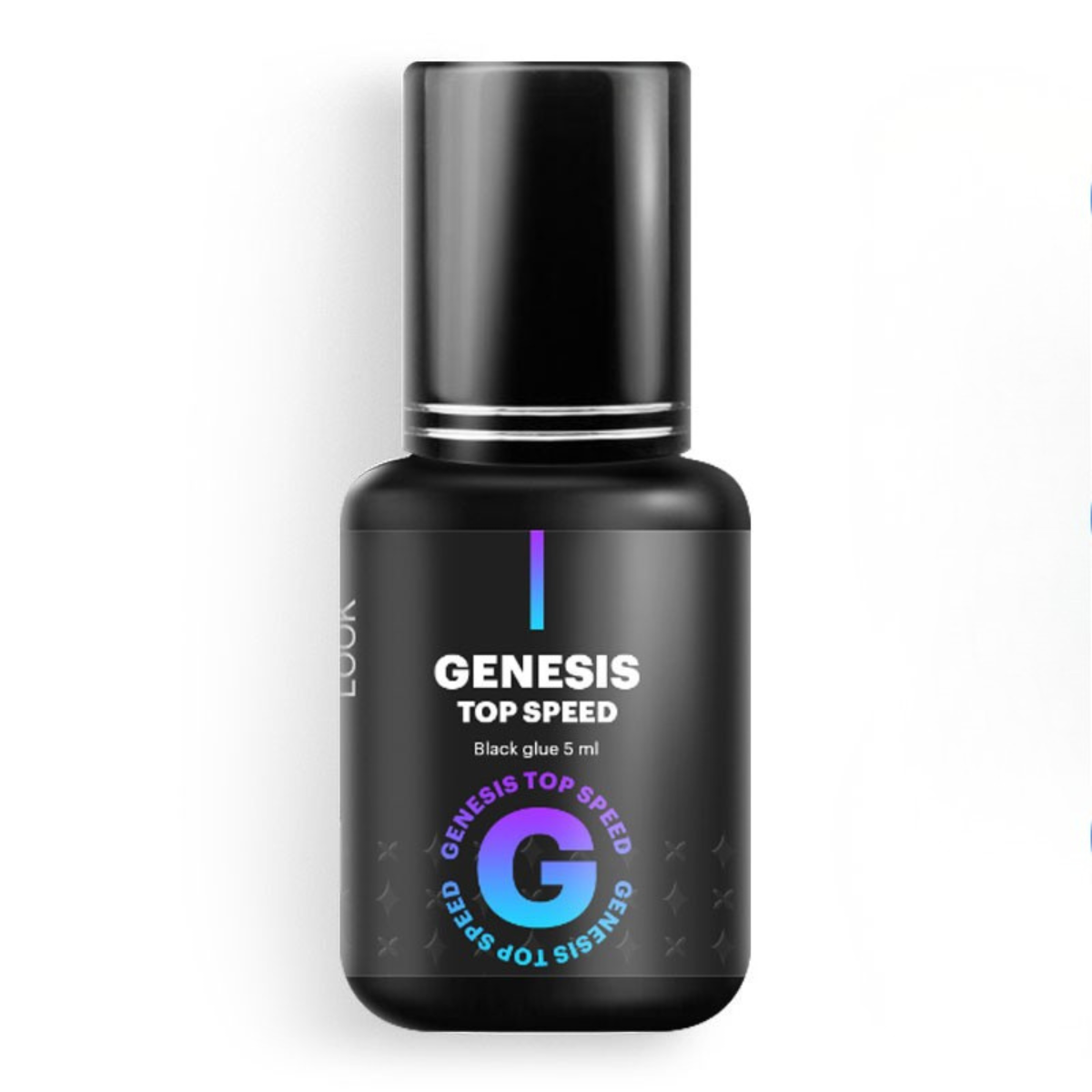 Boccetta da 5ml di colla nera per extension ciglia Extreme Look Genesis Top Speed con logo circolare G sfumato viola e azzurro.
