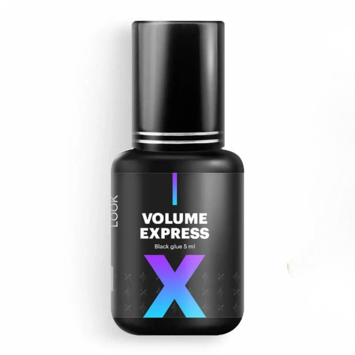 Boccetta da 5ml di colla nera per extension ciglia Extreme Look Volume Express con logo X viola e azzurro.
