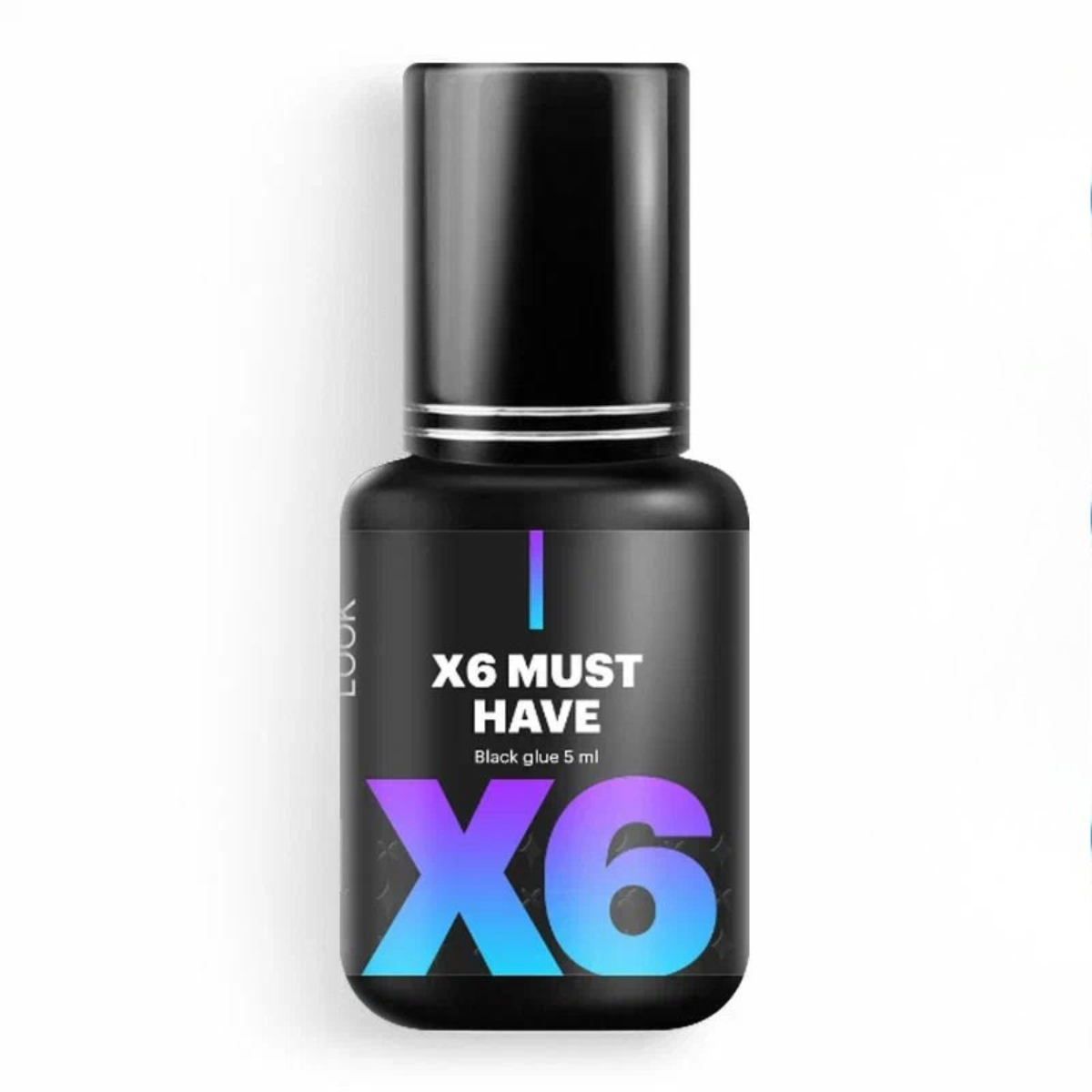 Boccetta da 5ml di colla nera per extension ciglia Extreme Look X6 Must Have con scritte viola e azzurre.