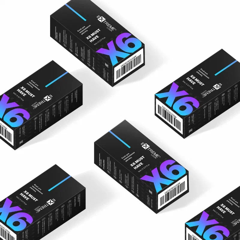 Composizione grafica di scatole nere della colla extension ciglia Extreme Look X6 Must Have.