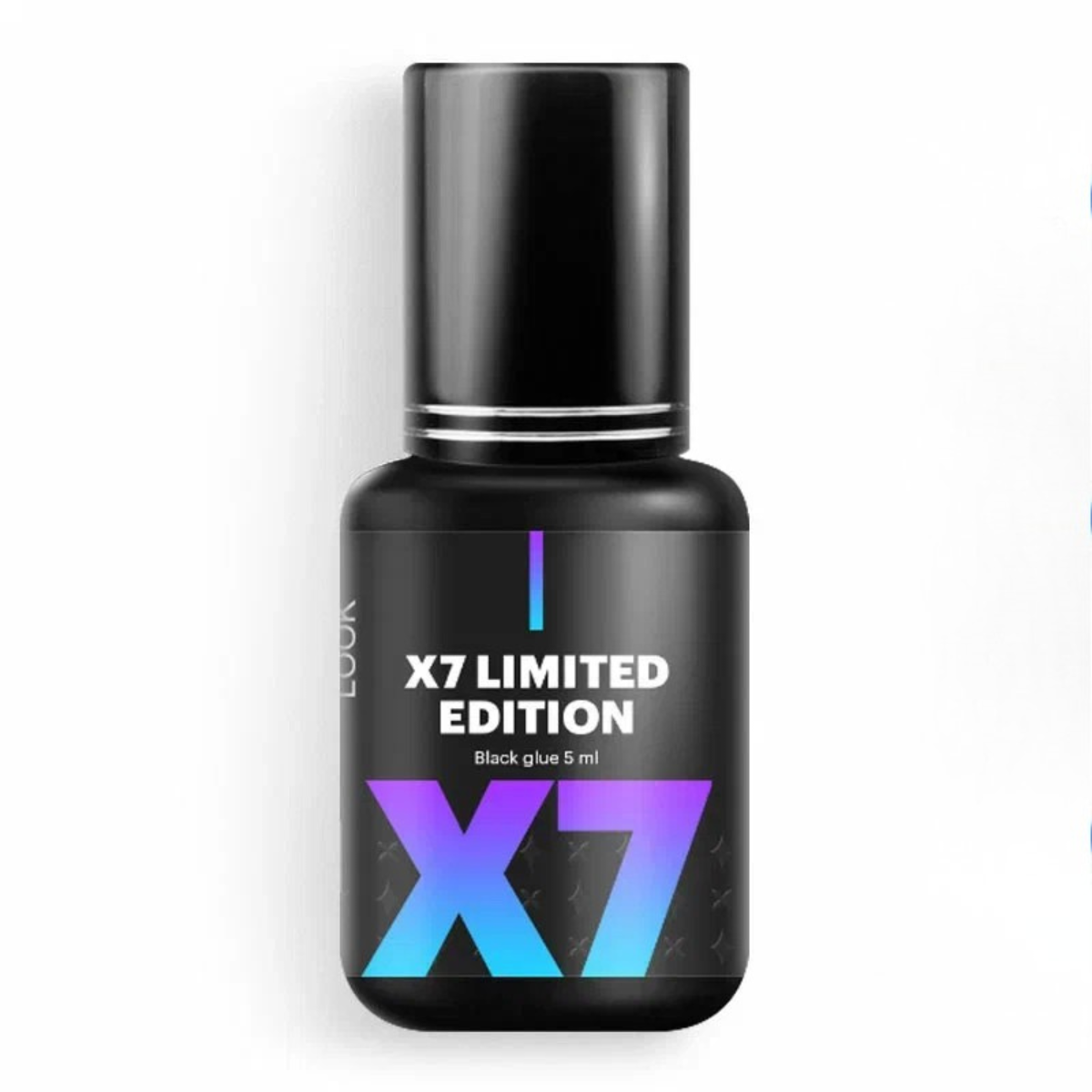 Boccetta da 5ml di colla nera per extension ciglia Extreme Look X7 Limited Edition con scritte viola e azzurre.