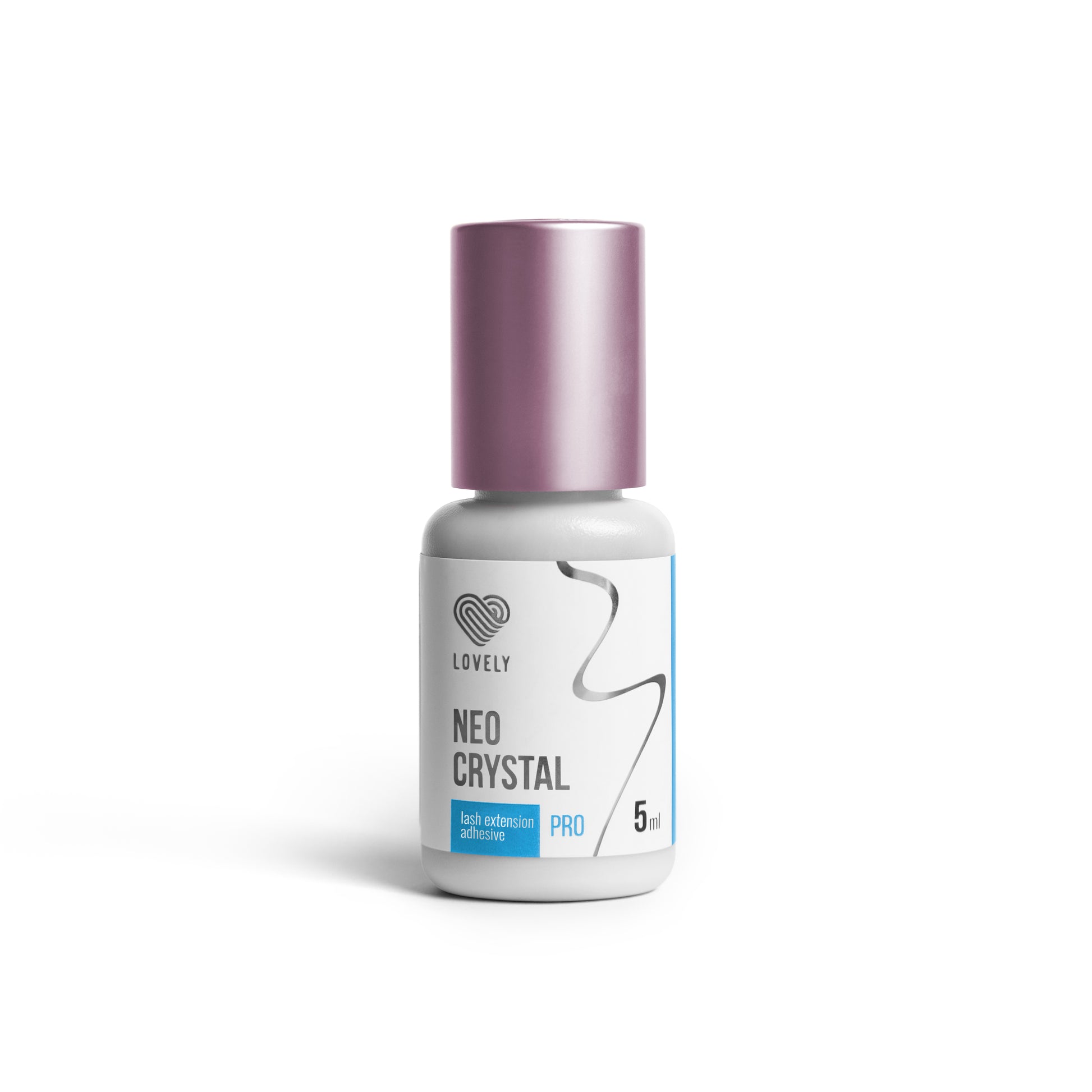 Flacone da 5 ml di colla trasparente professionale per extension ciglia Lovely Neo Crystal, con etichetta bianca, dettagli azzurri e tappo metallico rosato, ideale per ciglia colorate.