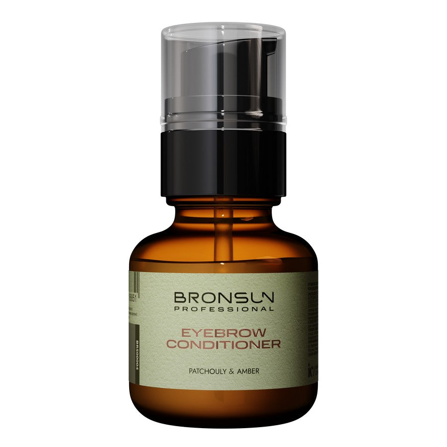 Flacone intero da 50ml del Condizionatore Sopracciglia Professionale Bronsun Patchouly & Amber, con erogatore a pompa e tappo trasparente.