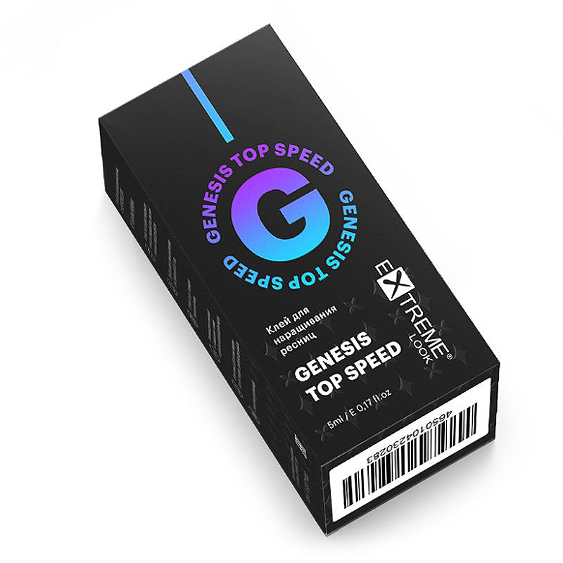 Vista isometrica della scatola nera della colla Extreme Look Genesis Top Speed da 5ml con logo circolare G.
