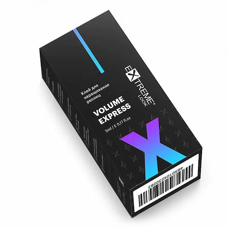Vista isometrica della scatola nera della colla Extreme Look Volume Express da 5ml con logo X sfumato.