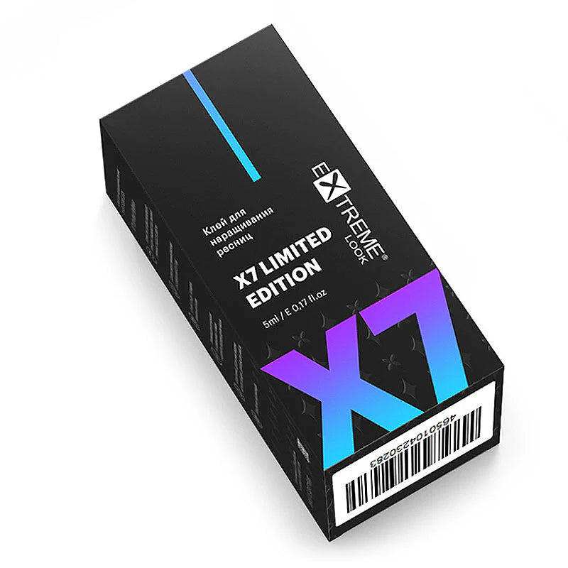 Vista isometrica della scatola nera della colla Extreme Look X7 Limited Edition da 5ml.