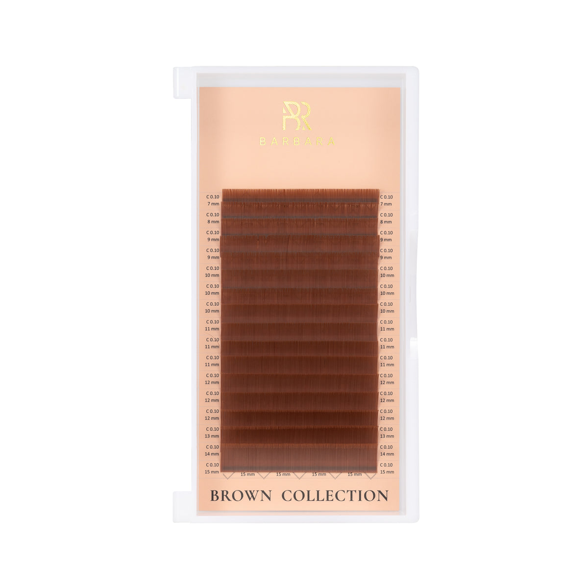 Confezione di extension ciglia marroni BARBARA Muscat (Scatola MIX C 0.10, 7-15 mm) vista frontalmente. La palette mostra 16 linee in una calda tonalità marrone-grano della "Brown Collection", ordinatamente disposte all'interno della custodia trasparente con dettagli dorati.