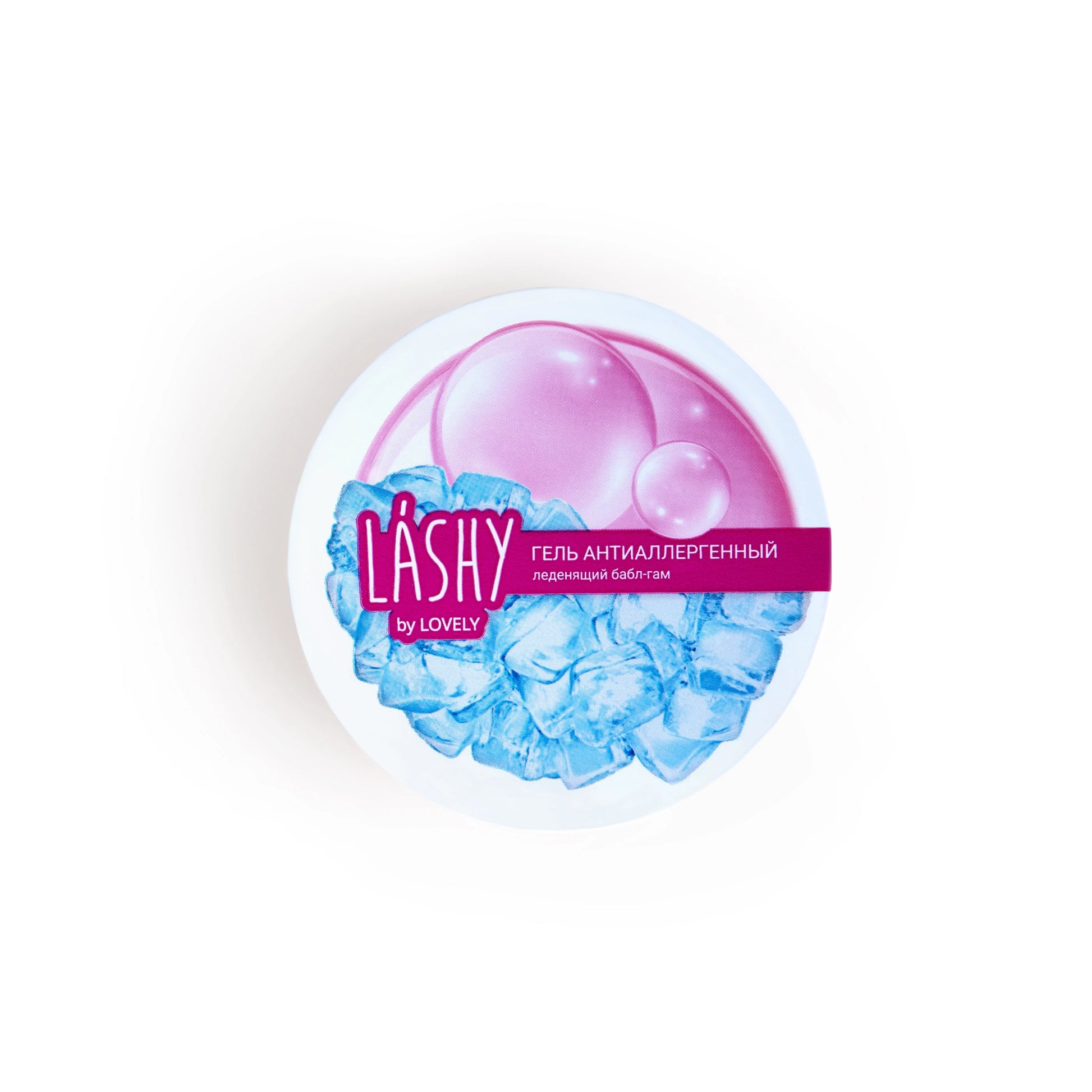 Vista dall'alto del tappo del Gel Antiallergico Lashy Frosty Bubble Gum con grafica rosa e cubetti di ghiaccio azzurri.