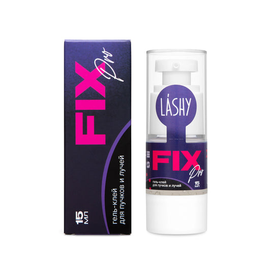 Confezione completa con scatola e flacone a pompa dispenser del Gel-Colla LASHY Fix Pro da 15ml per la creazione di ventagli e raggi.