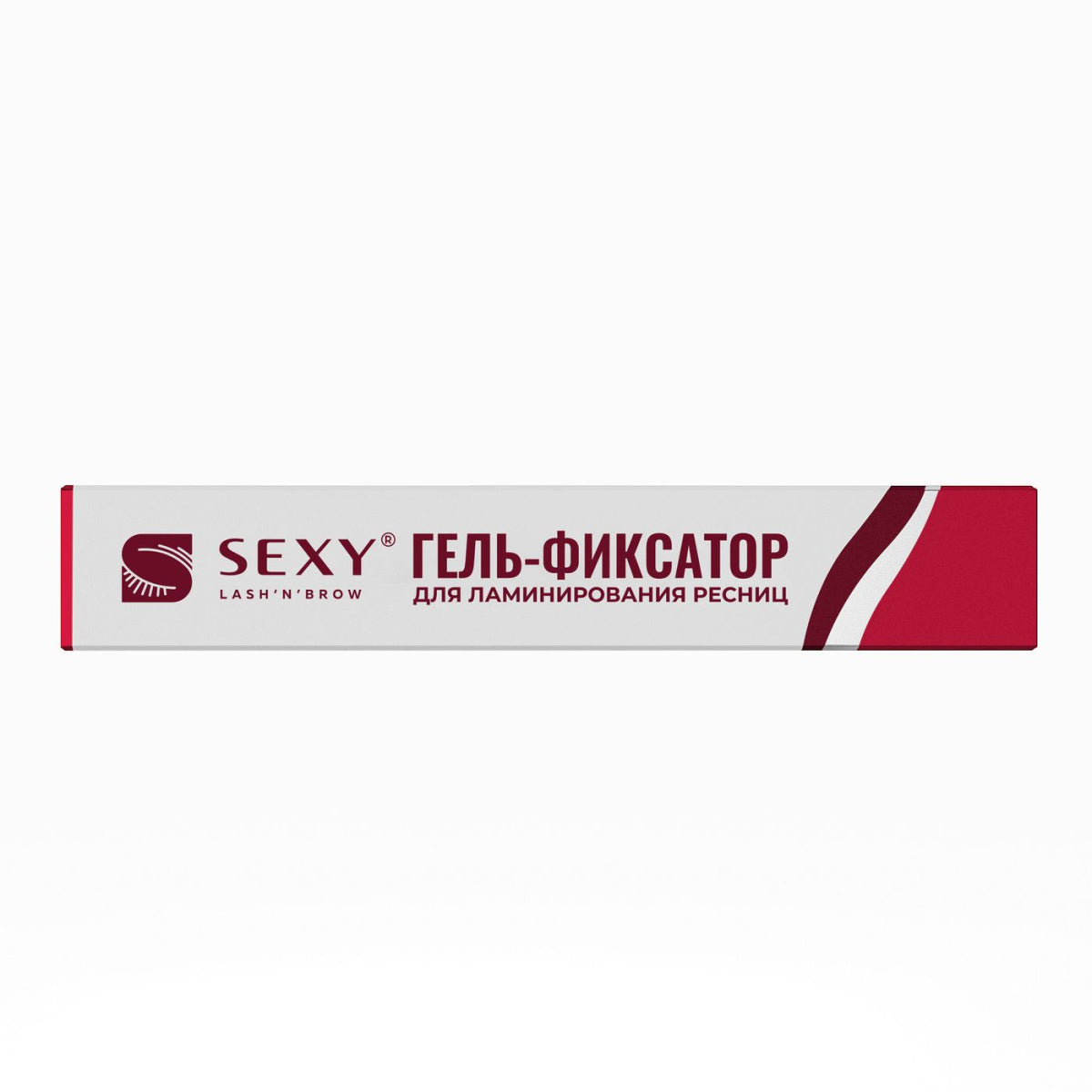 Dettaglio orizzontale della confezione in cartoncino bianco e bordeaux del Gel Fissante per laminazione ciglia del brand SEXY LASH'N'BROW.