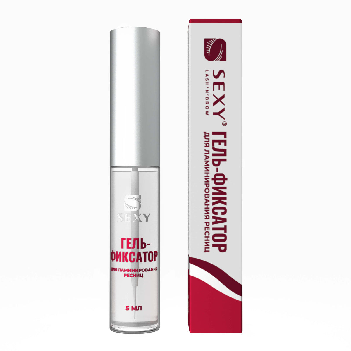 Tubetto trasparente da 5ml con tappo argentato e scatola del Gel Fissante per laminazione ciglia INSTANT FIXING GEL SEXY, che mostra il sottile pennellino applicatore di precisione all'interno.