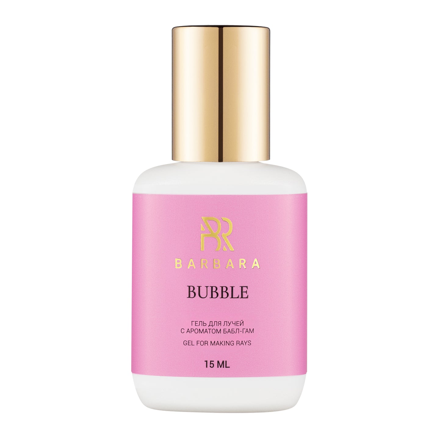 Flacone singolo del Gel per Raggi (Spikes) BARBARA Bubble da 15ml, caratterizzato da un'etichetta rosa pastello e tappo dorato, ideale per lo styling e l'effetto ciglia bagnate.