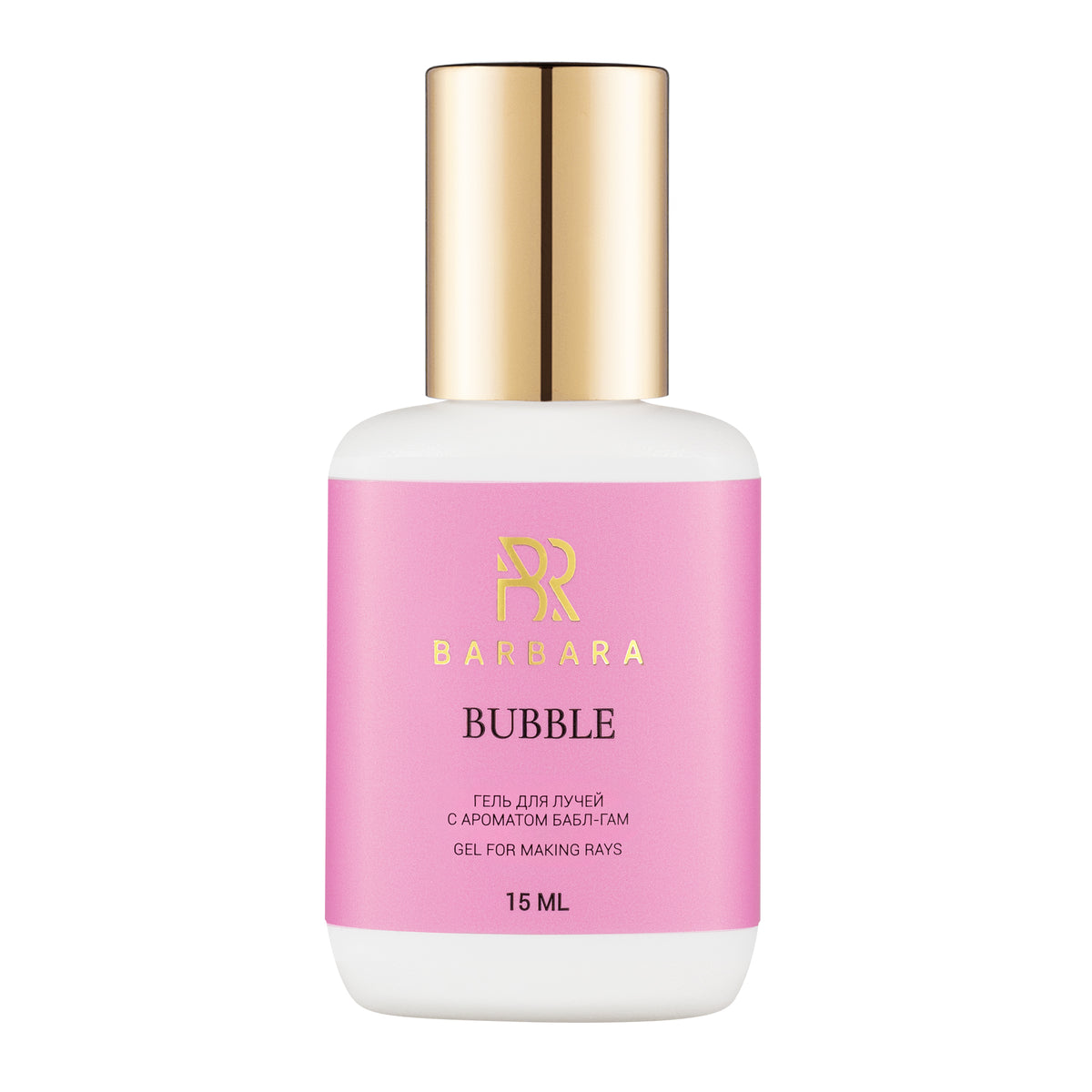 Flacone singolo del Gel per Raggi (Spikes) BARBARA Bubble da 15ml, caratterizzato da un'etichetta rosa pastello e tappo dorato, ideale per lo styling e l'effetto ciglia bagnate.