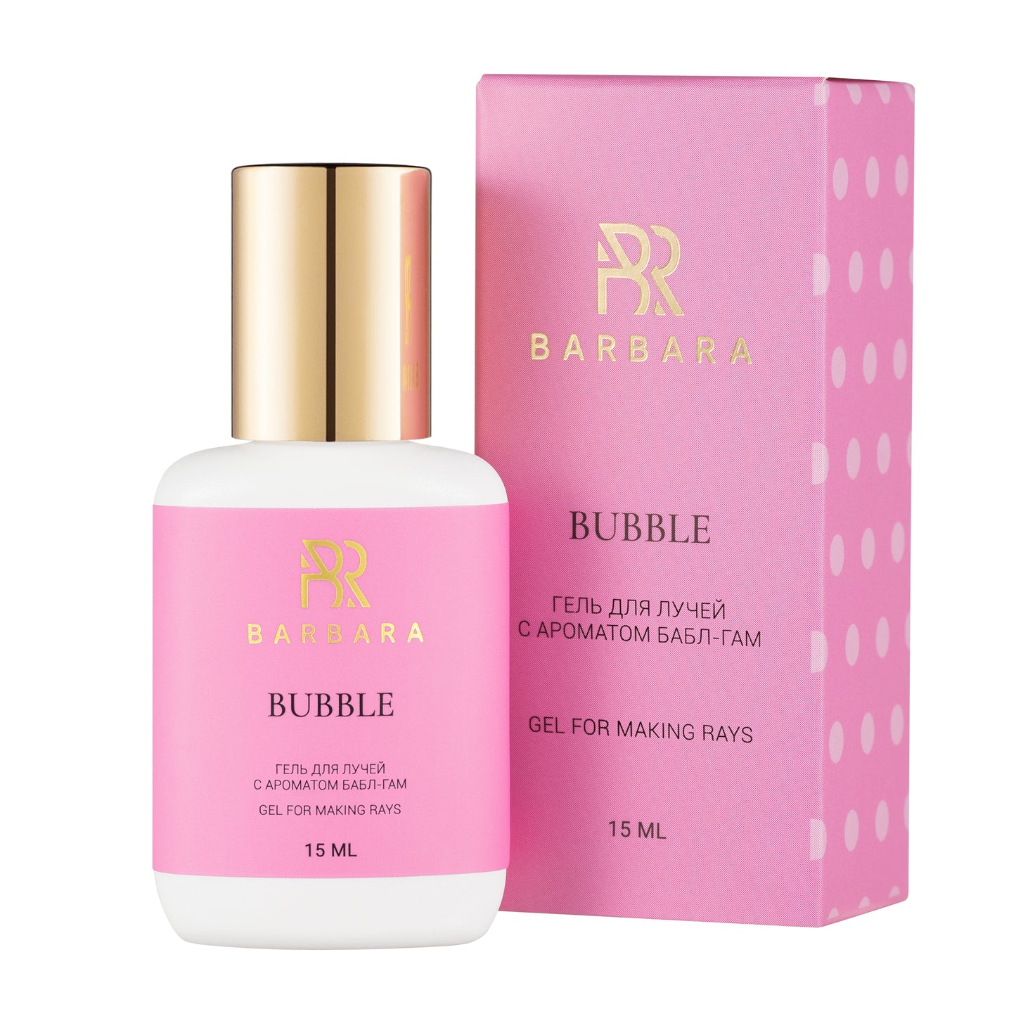 Confezione completa del Gel per Raggi BARBARA Bubble, con il flacone bianco e rosa da 15ml affiancato alla sua elegante scatola in cartoncino rosa per la creazione di spikes nelle extension ciglia.
