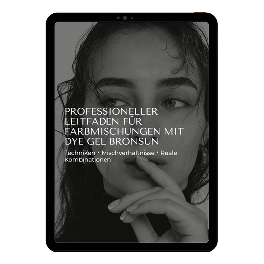 Tablet che mostra la copertina del manuale digitale in lingua tedesca "Professioneller Leitfaden für Farbmischungen mit Dye Gel BRONSUN" (Guida professionale alle miscele di colori), dedicato a tecniche, proporzioni e combinazioni reali per la tinta Bronsun.