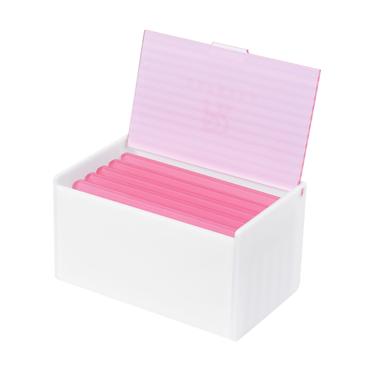 Lashbox organizer BARBARA Bubble aperta, che mostra i 5 lashpad rosa estraibili riposti ordinatamente all'interno della base bianca in acrilico.