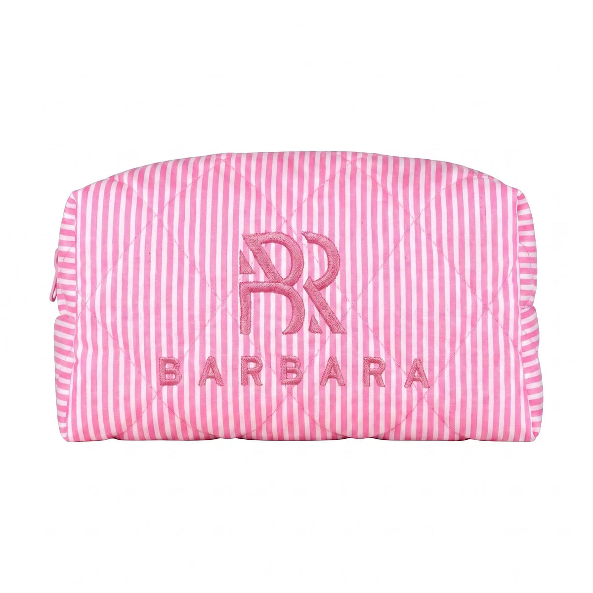 Vista frontale della pochette BARBARA Bubble, che ne evidenzia la struttura capiente rettangolare, la trama trapuntata e l'elegante ricamo rosa del logo centrale.
