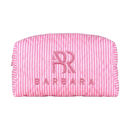 Vista frontale della pochette BARBARA Bubble, che ne evidenzia la struttura capiente rettangolare, la trama trapuntata e l'elegante ricamo rosa del logo centrale.