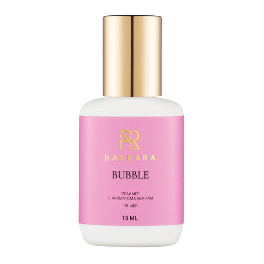 Flacone singolo da 15ml di Primer pre-trattamento BARBARA Bubble al profumo di gomma da masticare, con etichetta rosa pastello e tappo oro.