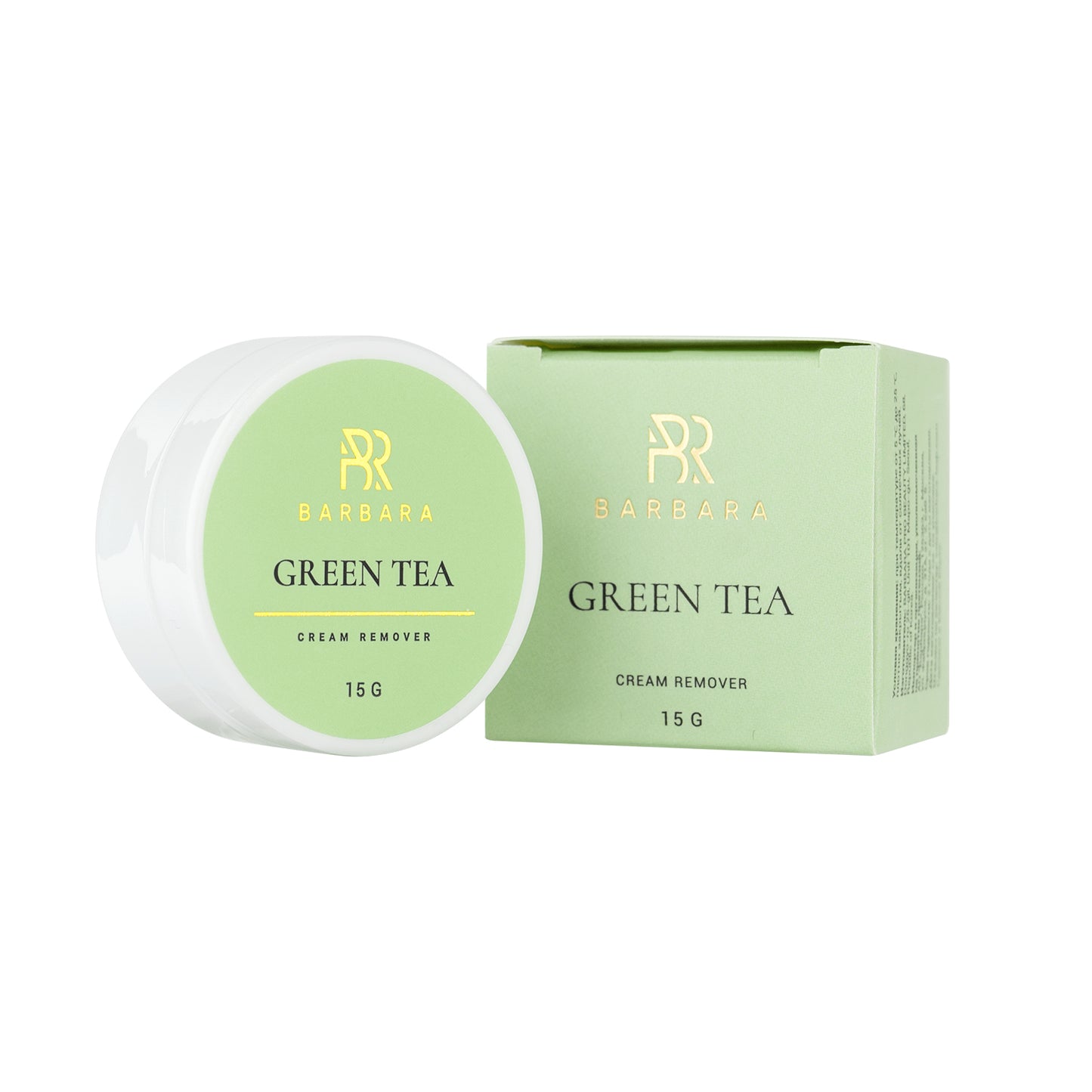 Barattolo bianco e scatola in cartoncino del Remover in Crema BARBARA Green Tea da 15g per la rimozione delle extension ciglia, caratterizzati da un'elegante etichetta verde pastello con dettagli dorati.
