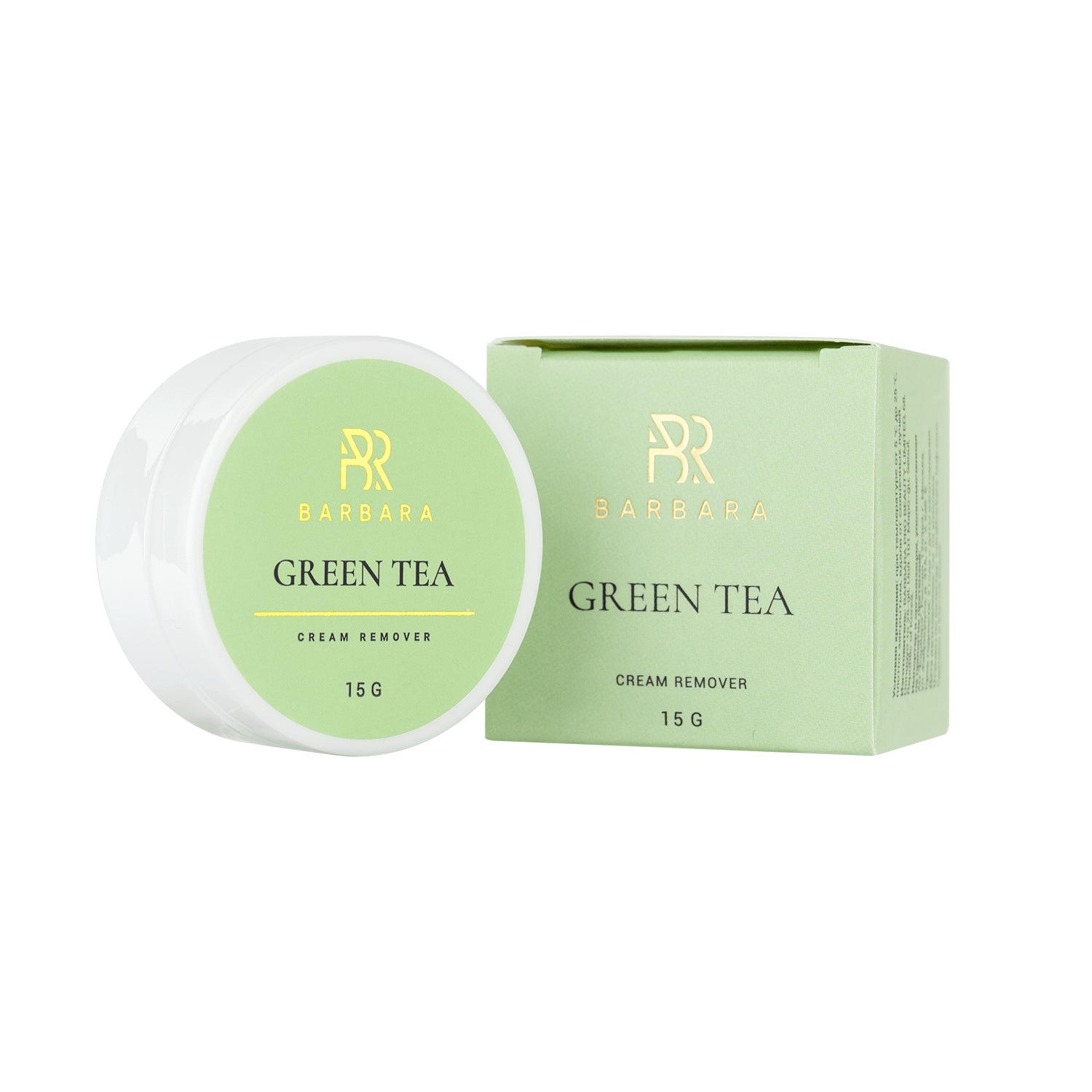 Barattolo bianco e scatola in cartoncino del Remover in Crema BARBARA Green Tea da 15g per la rimozione delle extension ciglia, caratterizzati da un'elegante etichetta verde pastello con dettagli dorati.