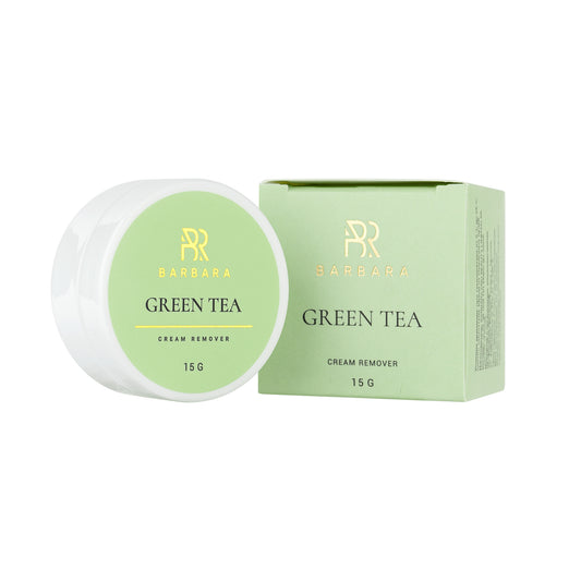Barattolo bianco e scatola in cartoncino del Remover in Crema BARBARA Green Tea da 15g per la rimozione delle extension ciglia, caratterizzati da un'elegante etichetta verde pastello con dettagli dorati.
