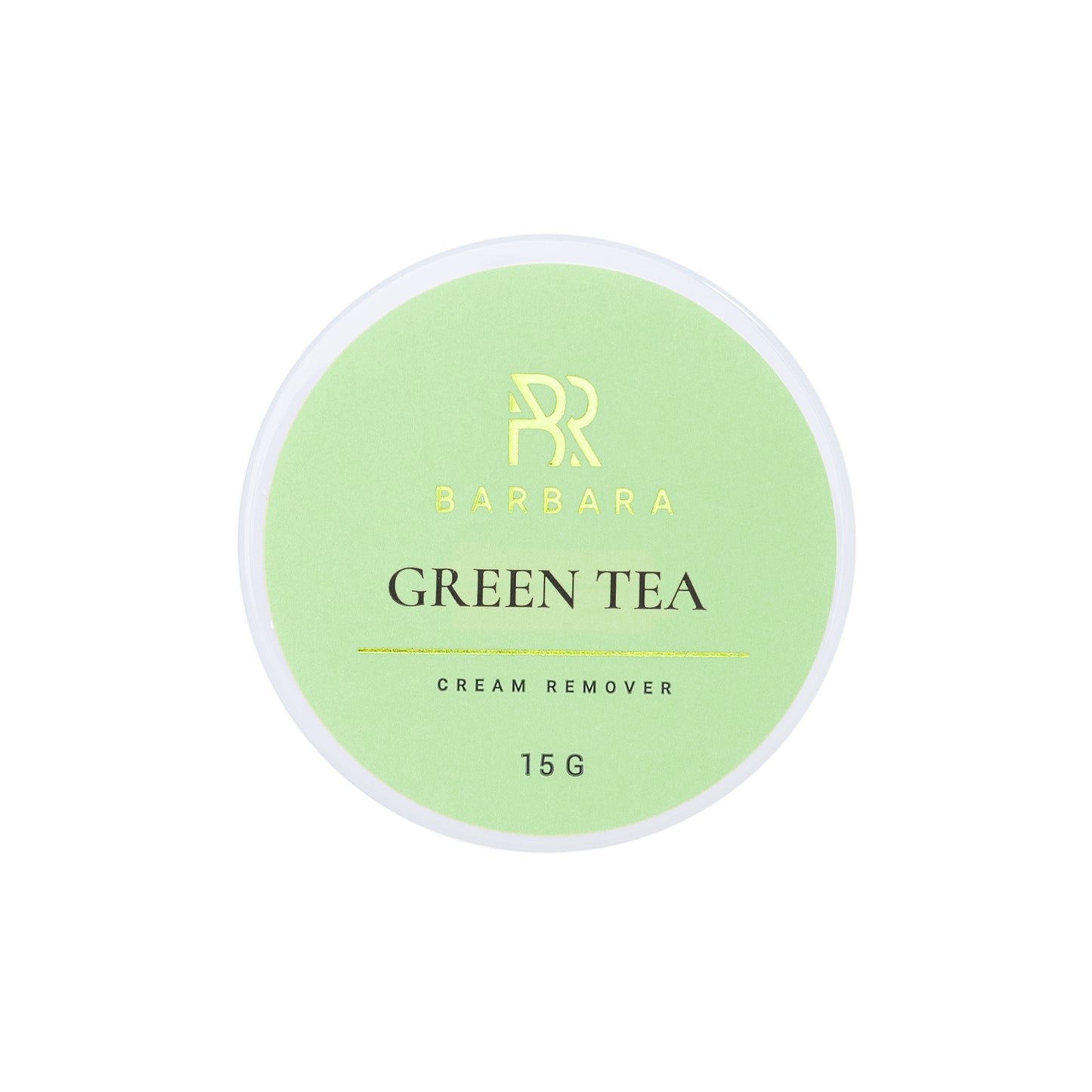 Vista dall'alto del coperchio del Remover in Crema BARBARA Green Tea da 15g, con il logo del brand e le scritte in color oro su un delicato sfondo verde.