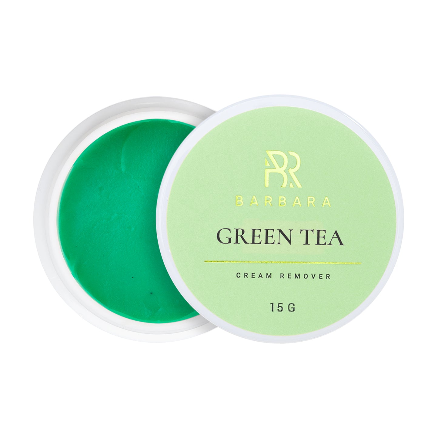 Barattolo aperto di Remover in Crema BARBARA Green Tea visto dall'alto, che mostra all'interno la morbida texture cremosa di colore verde brillante che non cola.