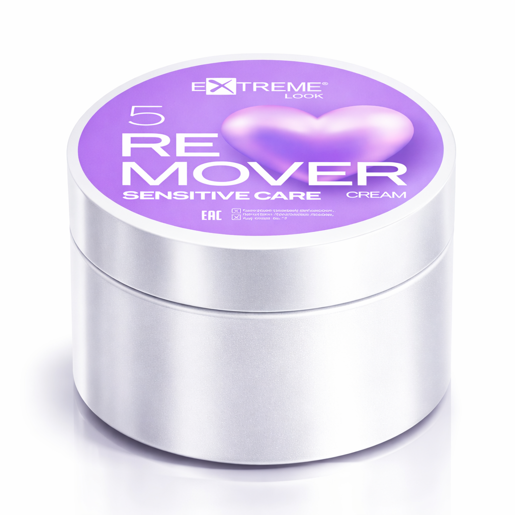 Barattolo chiuso di Remover in crema Sensitive Care da 5gr, marchio Extreme Look, con etichetta viola e cuore 3D.